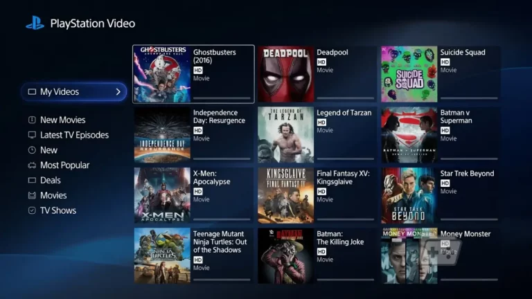 Menú de PlayStation Video, con listado de películas