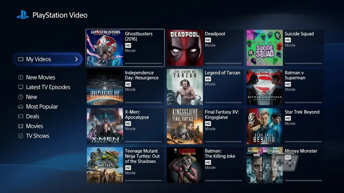 Menú de PlayStation Video, con listado de películas