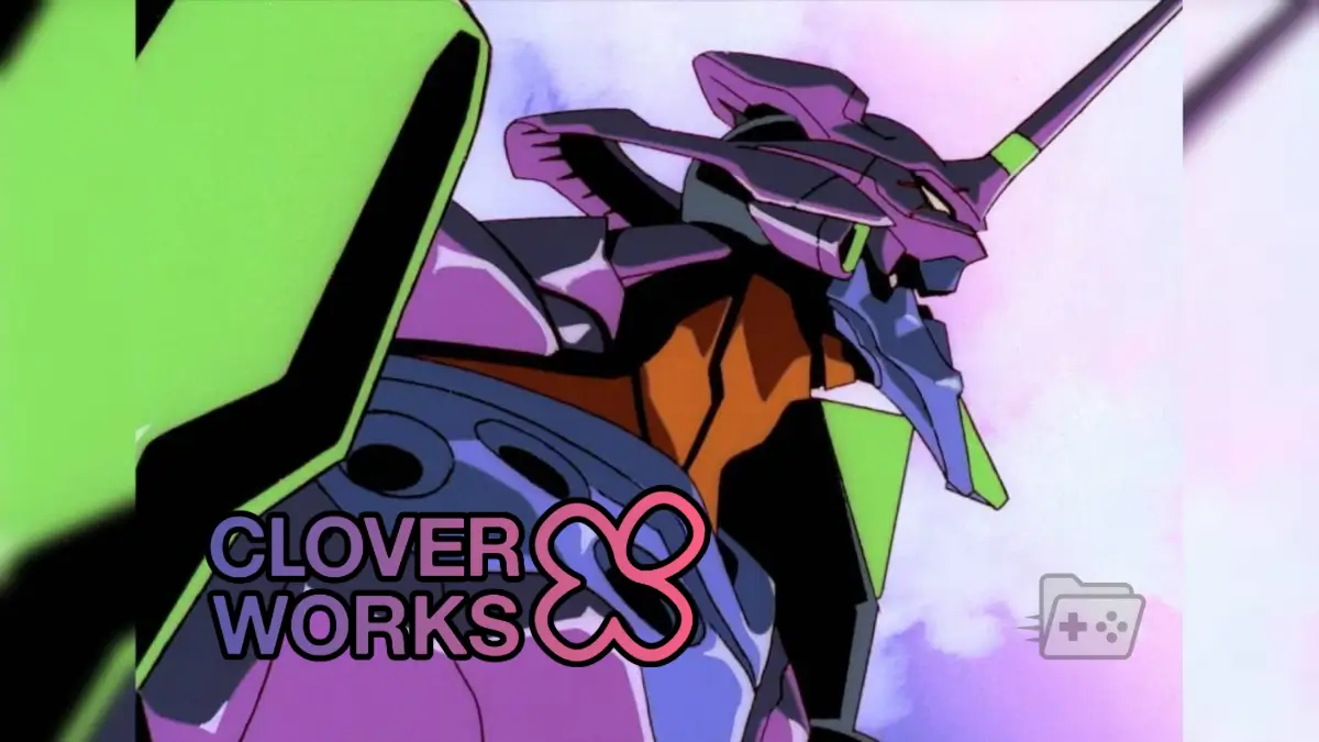 EVA 01 de Evangelion con el logo de Clover Works