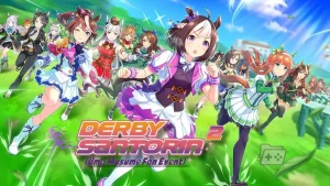 portada de umamusume con el logo de derby santorin 2 carrera en peru